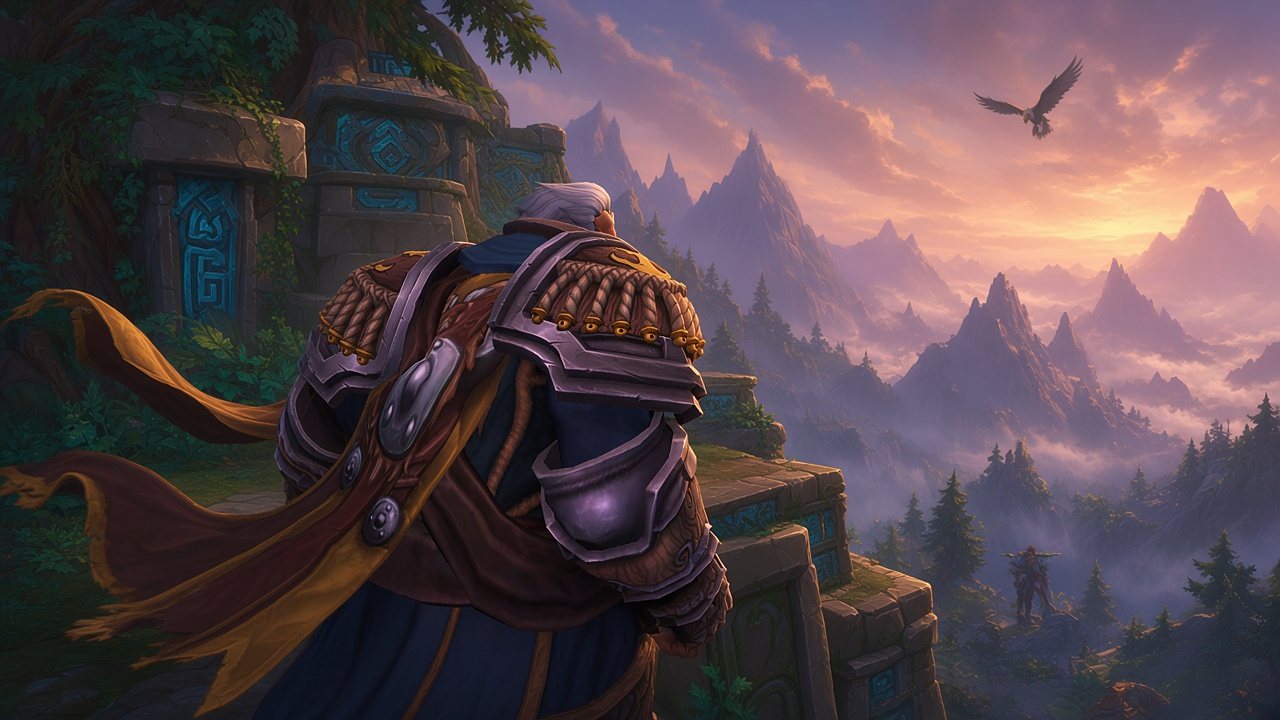 Painted artwork of Burrly, a huge Kul Tiran warrior with swept-back grey hair, seen from behind on a stone ledge of the Temple of Akil'zon. He wears dark steel pauldrons fringed with rope and gold beads and a brown and gold cloak blowing in the wind. Below him, misty pink and violet mountain peaks and pine forests stretch away at dusk, and an eagle circles in the sky.