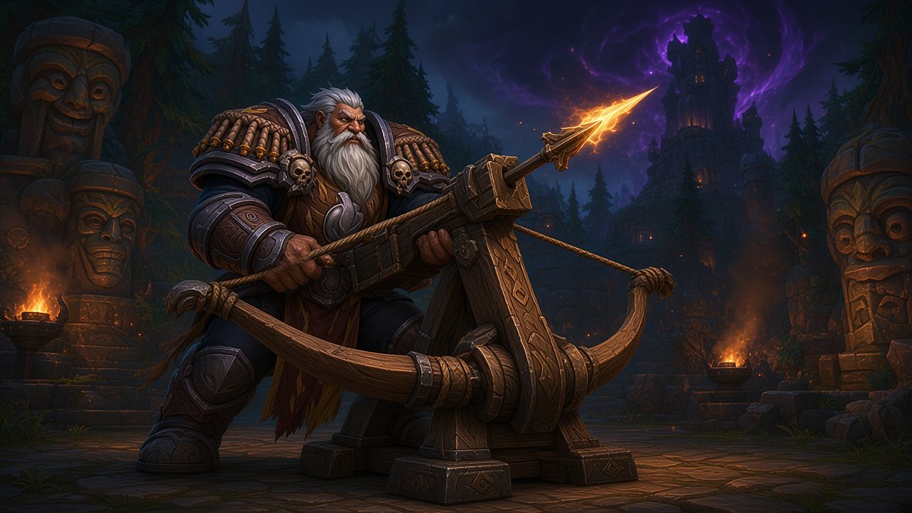 Painted artwork of Burrly, a huge Kul Tiran warrior with grey hair and a long white beard in dark rope-fringed plate and a brown and gold tabard, crouched behind a giant carved wooden ballista on a troll city terrace at night. Its glowing bolt is aimed at a dark fortress wrapped in purple Void energy, with carved tiki faces and small fires on either side.