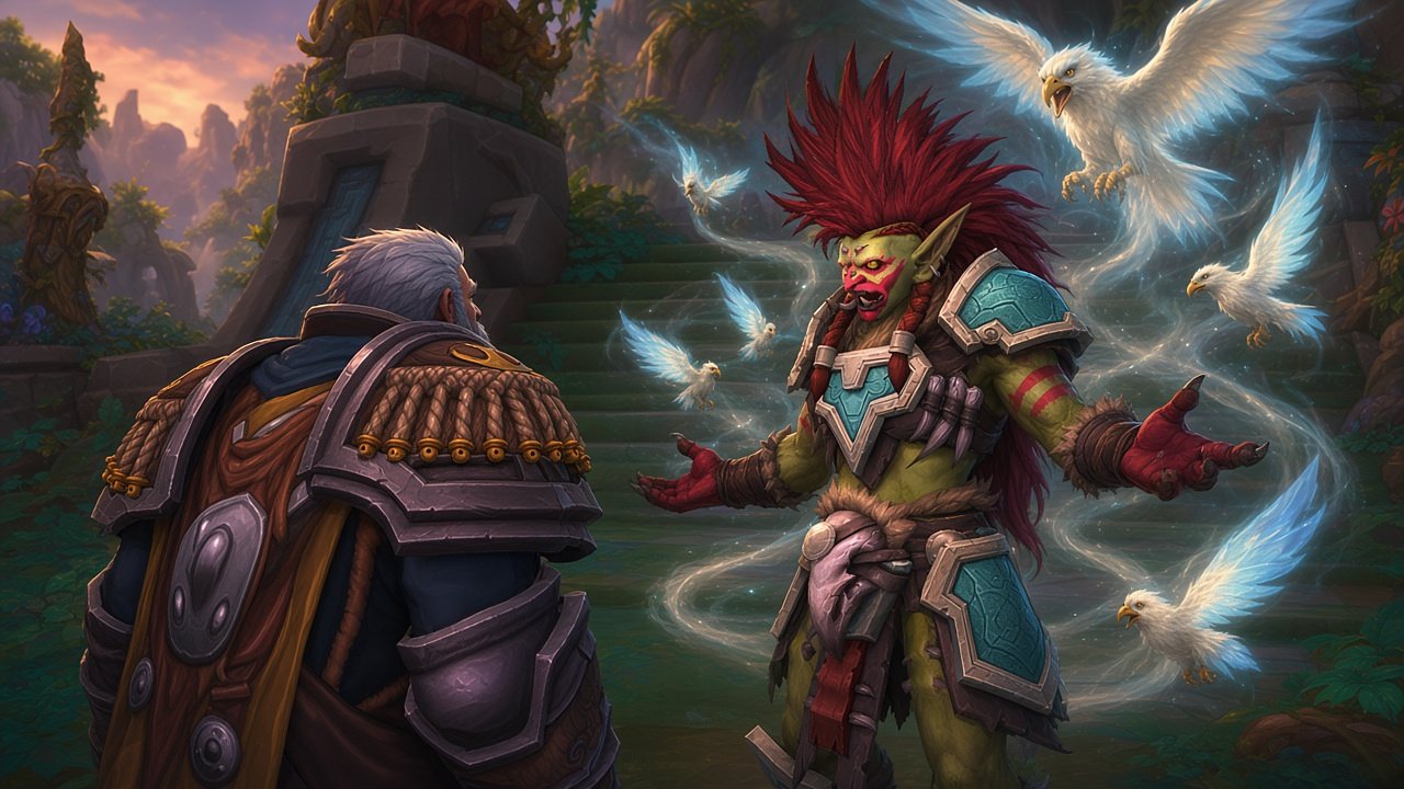 Painted artwork of Zul’jarra, a green-skinned troll with a tall crest of crimson hair, red war paint and bone and turquoise armor, standing with her arms open on mossy temple steps as white spirit eagles and a swirl of wind circle her. Burrly, seen from behind in his rope-fringed pauldrons and brown and gold cloak, watches her.