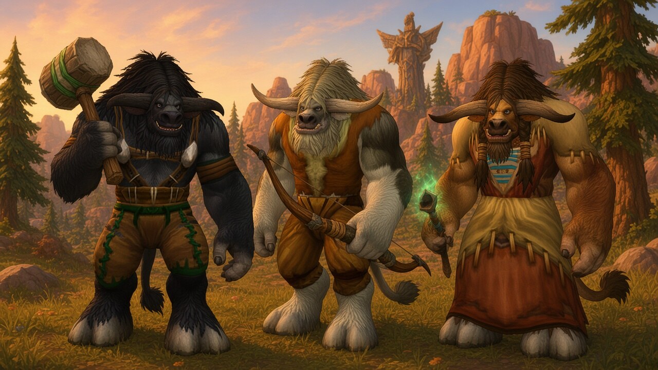 Painted artwork of the three Cudsong brothers standing together in a Mulgore meadow at sunset. Haymaker, black-furred with a dark mane and forward-curving horns, holds a big wooden mallet with green bands. Bullseye, white and grey with a pale shaggy mane and wide pale horns, holds a bow. Ruminant, tan-brown with braided hair and beard, holds a small staff glowing green. Red mesas, pine trees and a carved totem stand behind them.