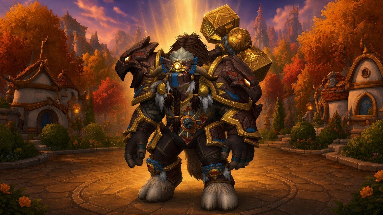 Painted artwork of Dawnbrisket, a huge male tauren paladin, standing in a pillar of golden light on the cobblestone plaza of Fairbreeze Village. He wears a carved brown helm with a blue stripe and a glowing gold sun emblem, long brown horns, dark braids bound in gold rings and white feathers, and dark eagle-head shoulder guards trimmed in gold. A massive gold two-handed hammer is slung across his back. Autumn trees in orange and red, white elven cottages and distant Silvermoon spires surround him under a violet evening sky.