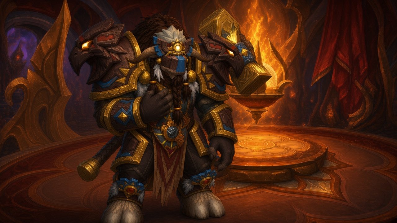 Painted artwork of Dawnbrisket, a huge male tauren paladin, in the Sanctum of Light in Silvermoon City with one fist over his heart. He wears a carved brown helm with a blue stripe and a glowing gold sun emblem, long brown horns, dark braids bound in gold rings and white feathers, and dark eagle-head shoulder guards trimmed in gold. A massive gold two-handed hammer is slung across his back. Behind him a brazier of holy fire burns on a round dais in a hall of red and gold.